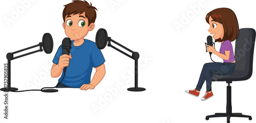Cartoon podcast setup, kids podcasting, microphone illustration, audio recording, media interview, communication, cartoon boy, cartoon girl, headphones, pop filter, swivel chair, podcast desk, 