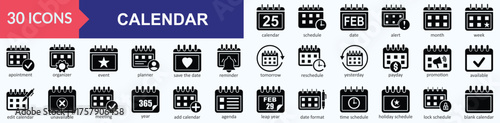 Calendar icon set. Containing date, schedule, month, alert, week, apointment, organizer, event, planner