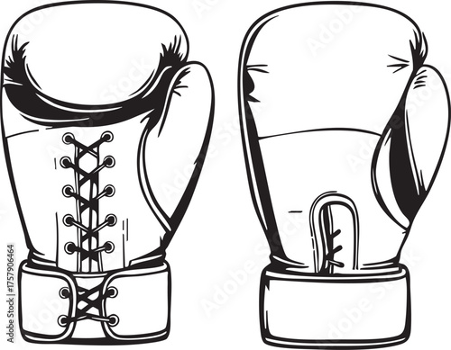 Boxing gloves vector—black-and-white illustration of lace-up and strap views for sports, fitness, and combat symbolism