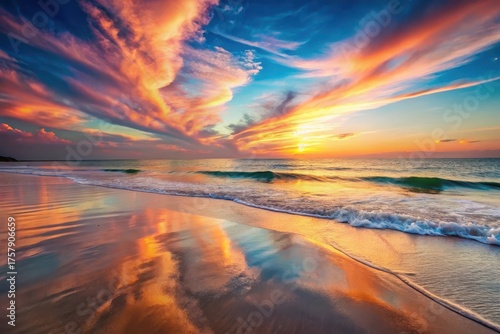 Serene Coastal Sunset Vibrant Hues Reflecting on Sandy Shore, Gentle Waves Caressing the Beach at Day's End