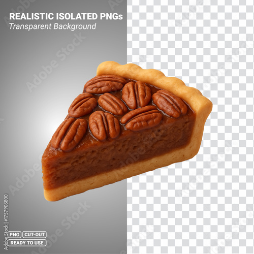 3D pecan pie slice dessert topped with crunchy pecans icon isolated image. Transparent PNG file ready to be used.