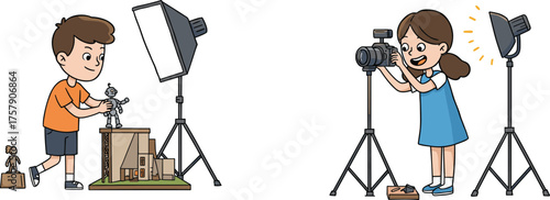 Children creating stop motion animation with camera and lights, young filmmakers using miniatures, learning photography, filmmaking, creativity, studio setup