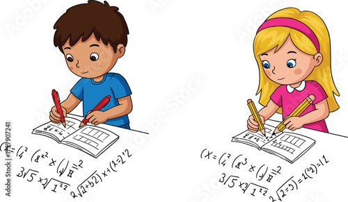 Smart boy and girl solving math equations in notebook, children studying, learning mathematics, education concept, school homework, cartoon vector illustration