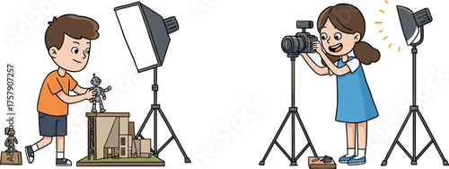 Children creating stop-motion animation, teamwork in creative studio, DIY filmmaking, camera setup, robot scene, educational activity, lighting, tripod, collaboration