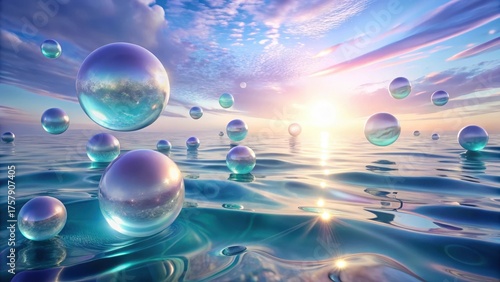 Serene Spheres Floating on a Calm Ocean Under a Dreamy Sky at Sunset