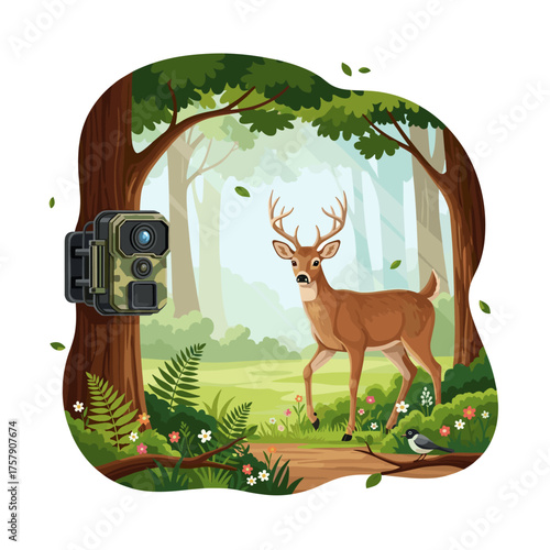 Trail camera filming deer in lush forest