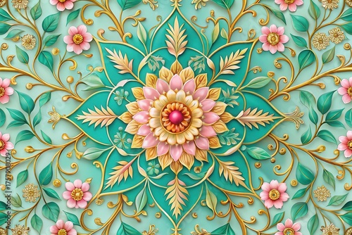 Intricate Floral Ornament A Luxurious Teal and Gold Design Featuring  Embossed Flowers and Swirling Vines