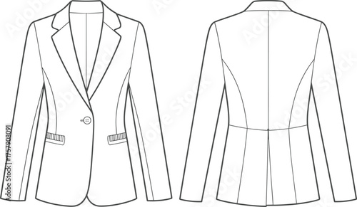 Fashion illustration, technical blazer sketch, tailored women’s jacket, notched lapel collar, front and back view, vector template, structured silhouette