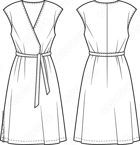 Technical fashion sketch, sleeveless wrap dress, V-neck front, tied waist belt, pleated skirt, garment illustration, apparel vector, sewing design