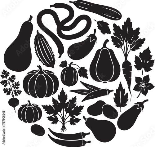 Black Silhouette Collection of Garden Vegetables, Gourds & Farm Produce