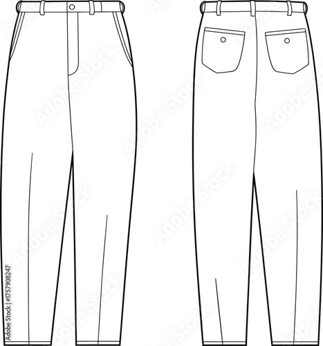 Technical fashion sketch, tapered pants design, front and back view, belt loops, flap pockets, button closure, garment illustration, vector