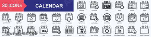 Calendar icon set. Containing date, schedule, month, alert, week, apointment, organizer, event, planner