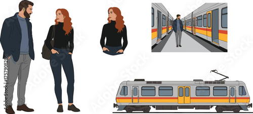 Stylized Train Scene with Man and Woman on Platform, Train Car Details and Character Poses, Urban Transit Vector Illustration Series