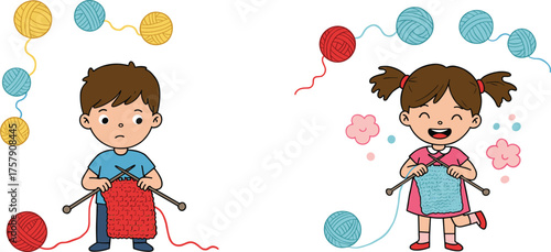 Children knitting activity, kids with yarn, creative craft session, boy and girl knitting, DIY learning, colorful wool, handmade textile, teamwork