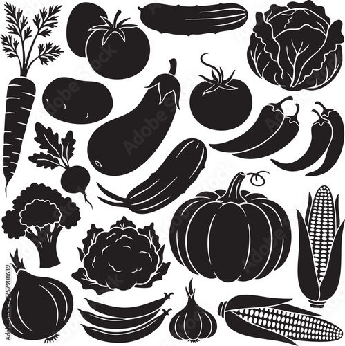 Black Silhouette Collection of Fresh Garden Vegetables & Farm Harvest Produce (Corn, Tomato, Cabbage, Pumpkin, Broccoli)