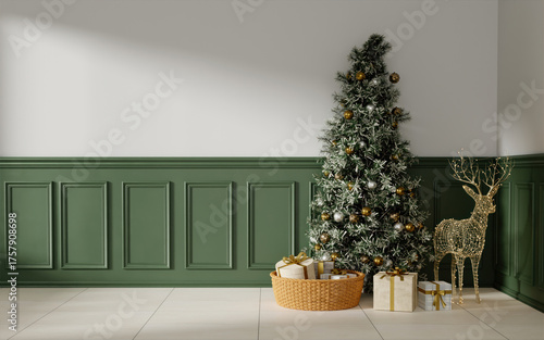 Charming Christmas tree display with gifts and holiday decor in a modern home. 3D render illustration