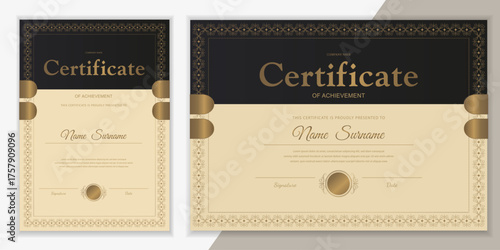 Elegant black and gold achievement certificate template. Two options - vertical and horizontal, with a decorative border, space for name, signature, and date. Editable vector design.

