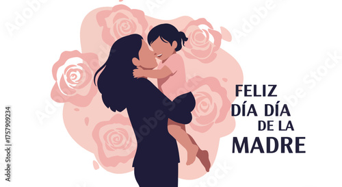 Mother Holding Child Mother and Daughter Celebrating Mother Day with Pink Roses Illustration