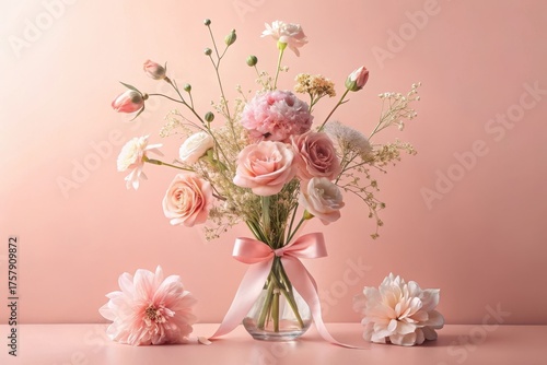 A Delicate Arrangement of Pastel Roses, Daisies, and Other Blossoms in a Clear Glass Vase, Adorned with a Soft Pink Ribbon, on a Pale Pink Surface