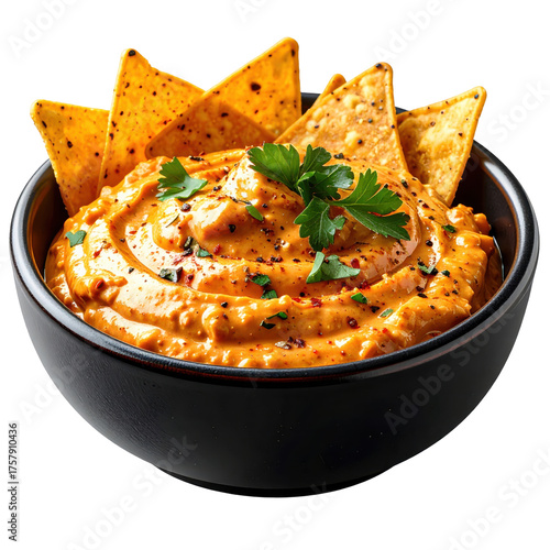 Buffalo chicken dip in a black bowl garnished with fresh parsley isolated on white background
