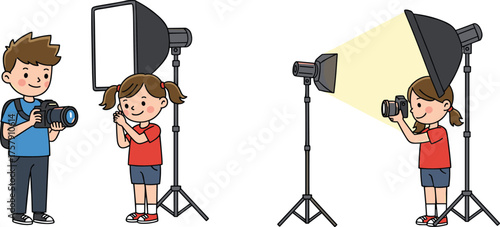 Children photography workshop, studio lighting practice, kids learning camera skills, teamwork in photo shoot, educational activity, tripod, softbox, DSLR
