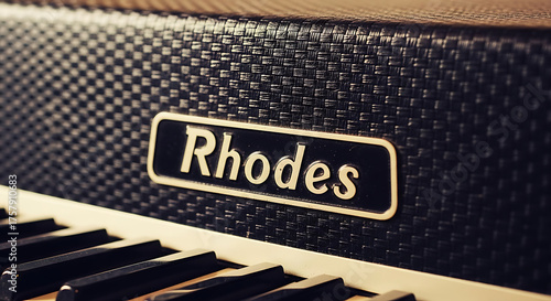 A close up shot of a rhodes electric piano with black keys and a textured black background panel