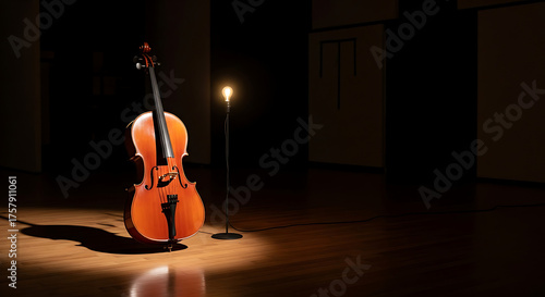 A cello standing on a wooden floor next to a lamp in a dimly lit room with dark background walls