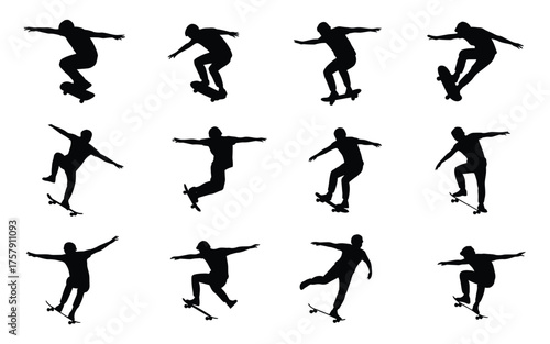 Vector art of silhouette of skateboarder doing tricks