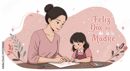 Mother and daughter drawing together on table with Mother's Day message in pink and beige tones
