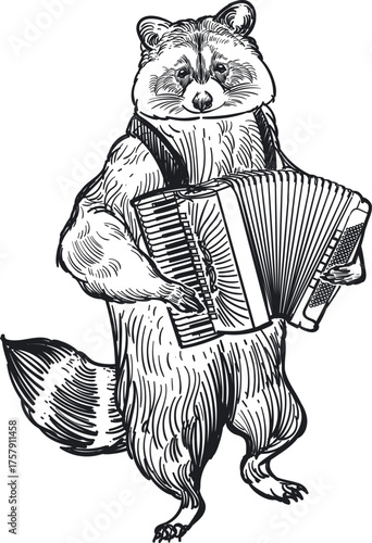Vintage hand drawn sketch of racoon accordion