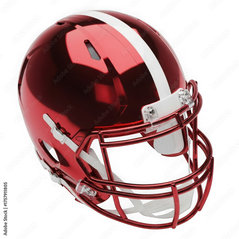 Fototapeta premium Glossy red american football helmet with white stripe and face mask