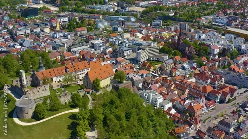 Aerial panoramic view of the old town city Heidenheim, 91719 in Germany, Bavaria on a sunny spring day