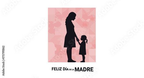 Mother and Child Silhouette with Pink Geometric Background Celebrating Mother Day