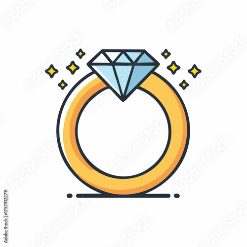 A gold ring with a diamond, surrounded by sparkle icons. Perfect for engagement or wedding themes.