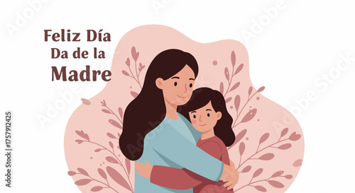 Mother and Child Hugging in Soft Pink Floral Background for Mother's Day