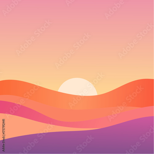A serene illustration of a sunset over rolling desert hills, featuring a gradient sky and a warm, inviting color palette.