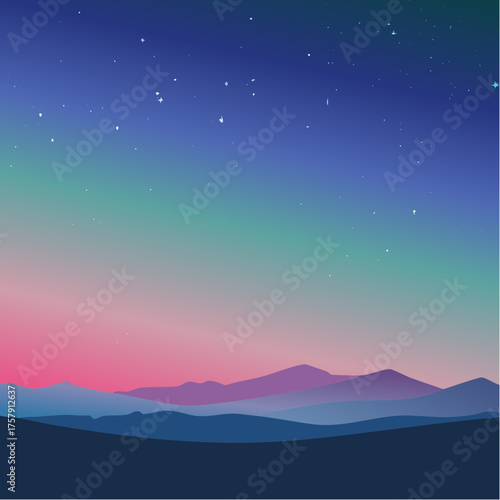 A vibrant illustration of a night sky with stars and a colorful aurora borealis over a silhouette of mountains.