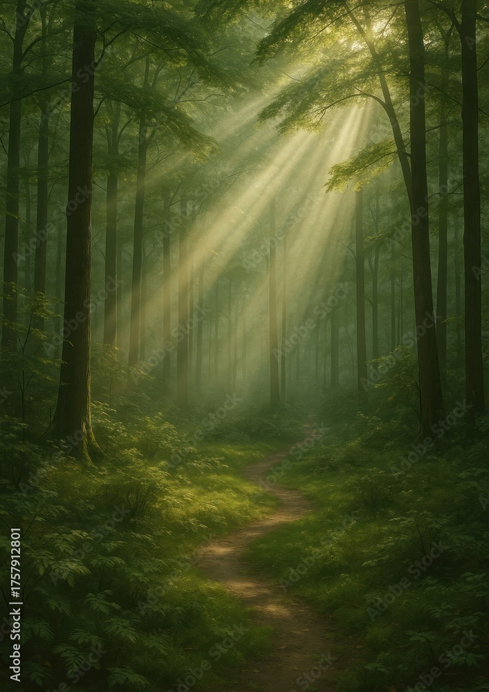 Obraz premium Sunlit forest path, serene beauty.