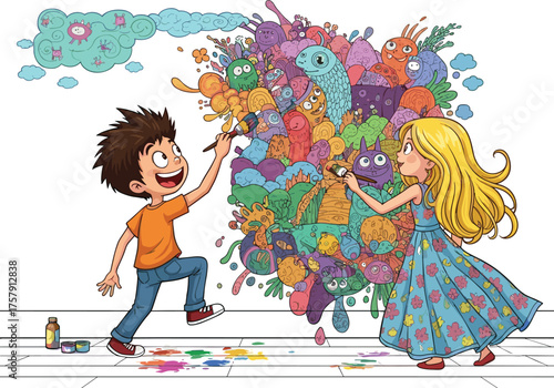 Vector illustration of happy boy and girl painting colorful imaginary monsters on wall, children creating fantasy doodle art together.