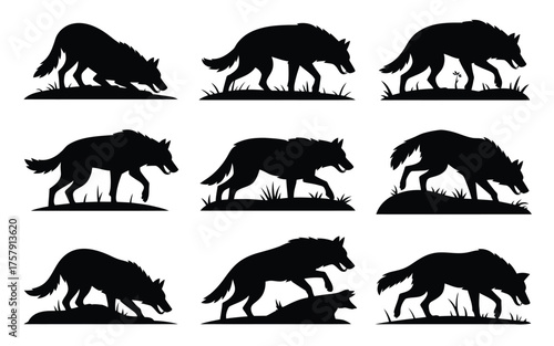 Vector art of silhouette of a wolf in different poses