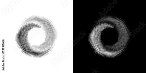 Dynamic abstract spiral sound wave rhythm lines. Circular spiral sound wave rhythm of lines. Circular futuristic abstract lines, black and white background.	
