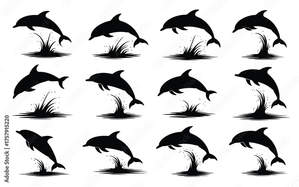 Naklejka premium Vector art of silhouette of dolphins jumping out of water