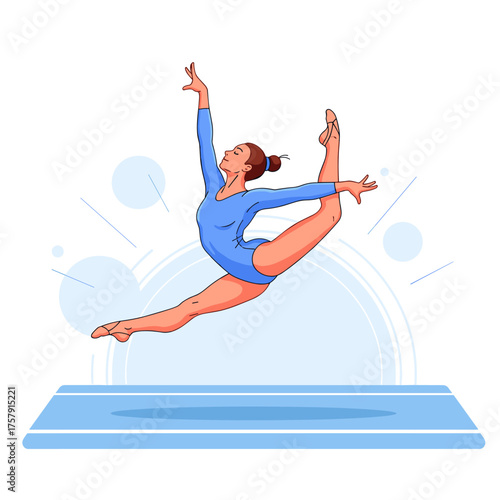 Artistic gymnast performing a split jump illustration