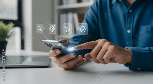 Modern man enjoys online shopping using phone with virtual interface