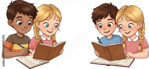 Happy kids reading books, studying together, learning with fun, children education, group study, school learning, classroom activity, friendship, teamwork