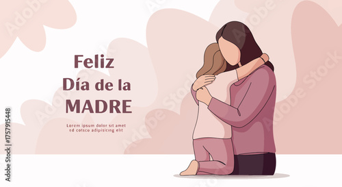 Mother and Child Hugging in Soft Pink Background Celebrating Mother's Day
