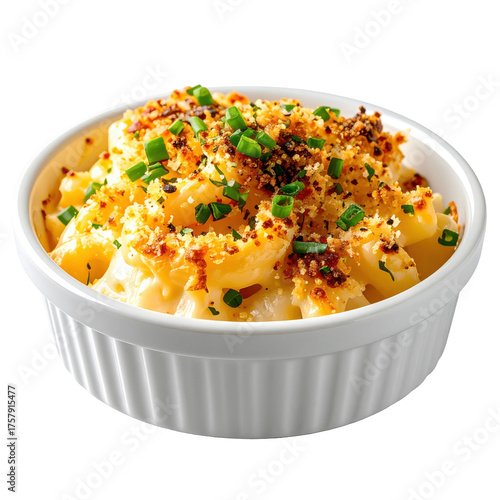 Mini crab mac and cheese with crispy breadcrumb topping garnished with chives isolated white background