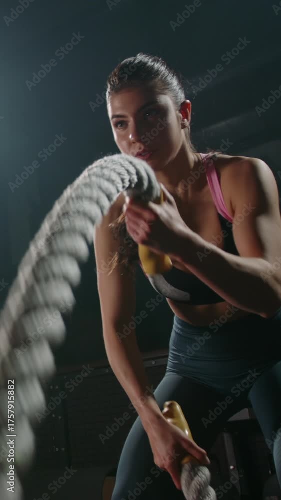 custom made wallpaper toronto digitalFit woman in sportswear exercising with heavy battle ropes in dark gym slow motion strength training discipline power fitness motivation healthy lifestyle endurance concept vertical video
