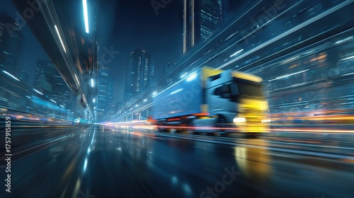High-speed delivery truck driving through futuristic city at night, symbolizing express logistics, fast shipping, and Double Eleven transportation rush