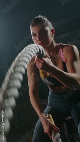 Wallpaper Mural Fit woman in sportswear exercising with heavy battle ropes in dark gym slow motion strength training discipline power fitness motivation healthy lifestyle endurance concept vertical video Torontodigital.ca